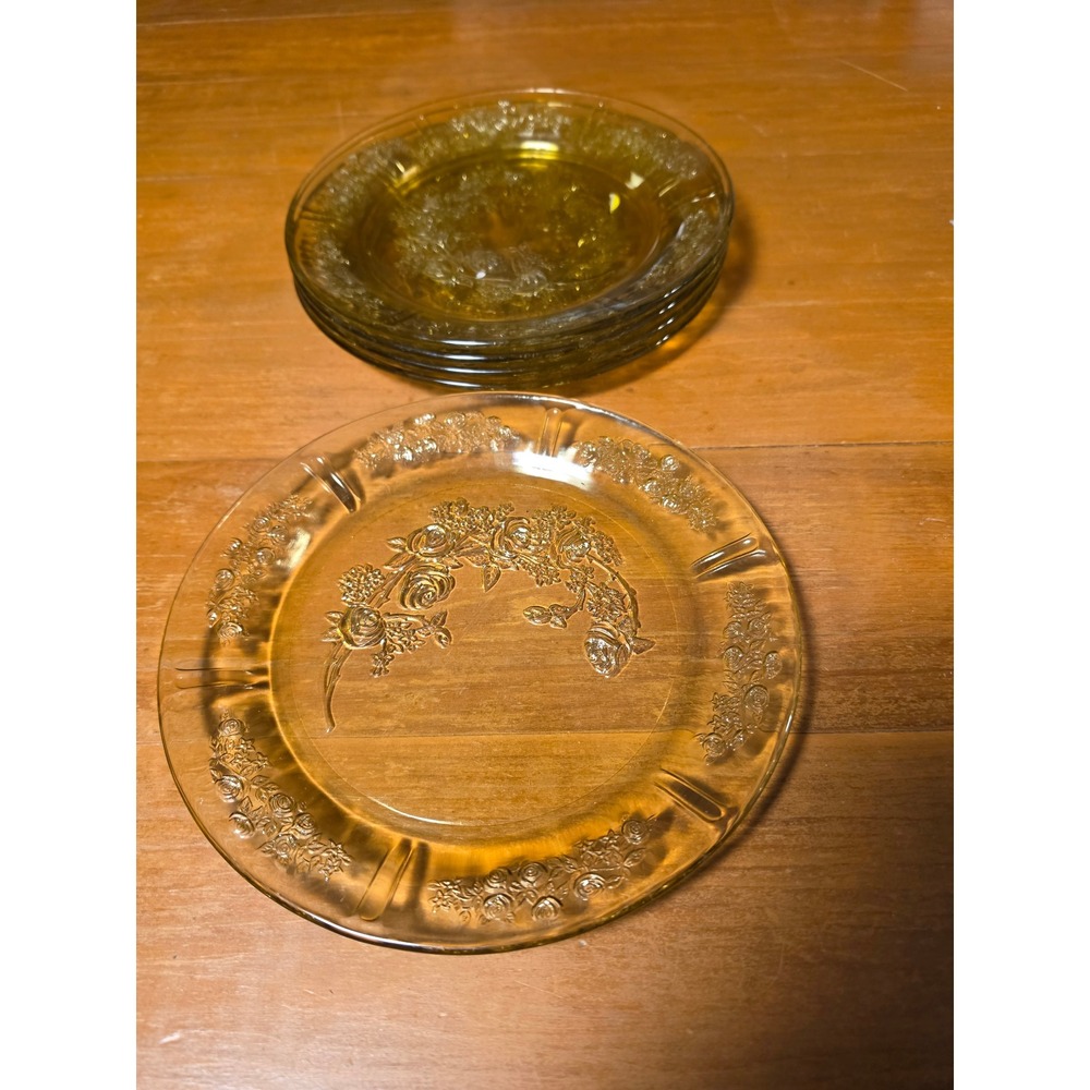 Vintage Amber Depression Glass Plates Cameo Ballerina Rose Set of 5 9in